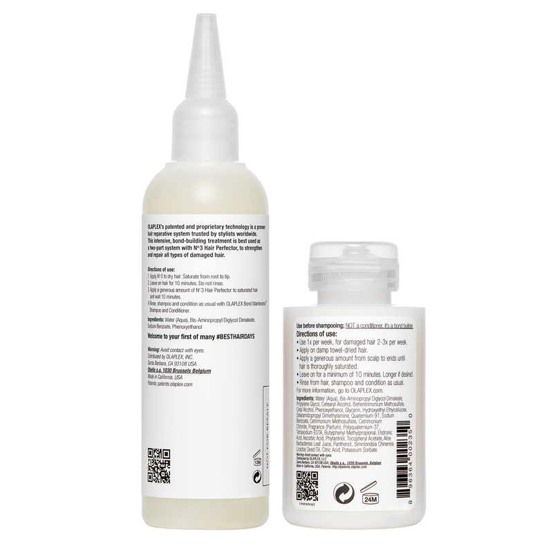 Olaplex mini set pro obnovu poškozených vlasů. Rychlá záchrana pro vaše vlasy - intenzivní péče. Kombinace dvou nejintenzivnějších produktů Olaplex No.0 a No.3, vlasová kosmetika pro suché, barvené, lámavé a slabé vlasy. Veganské, bez parabenů, sulfátů a silikonů.